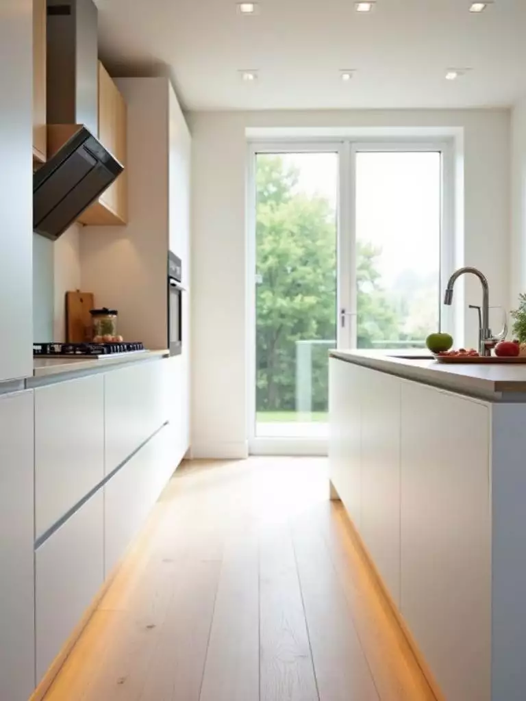 Modern kitchen featuring white handleless cabinets with a sleek and seamless design.