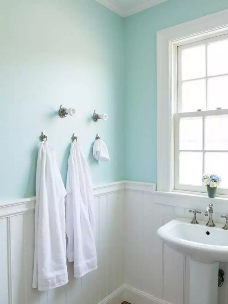 Small coastal bathroom featuring brushed nickel hooks mounted on the light blue wainscoted wall, holding rolled white towels and providing stylish and space-saving towel storage.