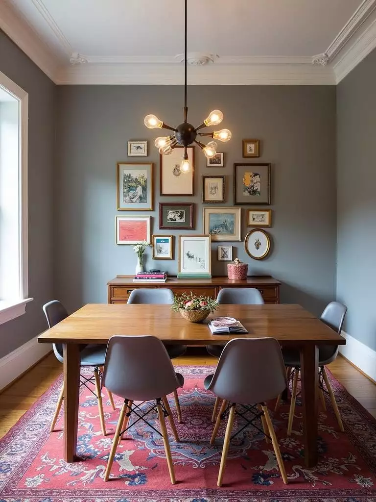 “Eclectic dining room with an antique table, modern chairs, vintage chandelier, gallery wall, patterned rug, and neutral gray walls.”