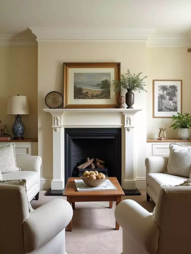 Traditional living room with furniture arranged to highlight a prominent fireplace as the central architectural feature.