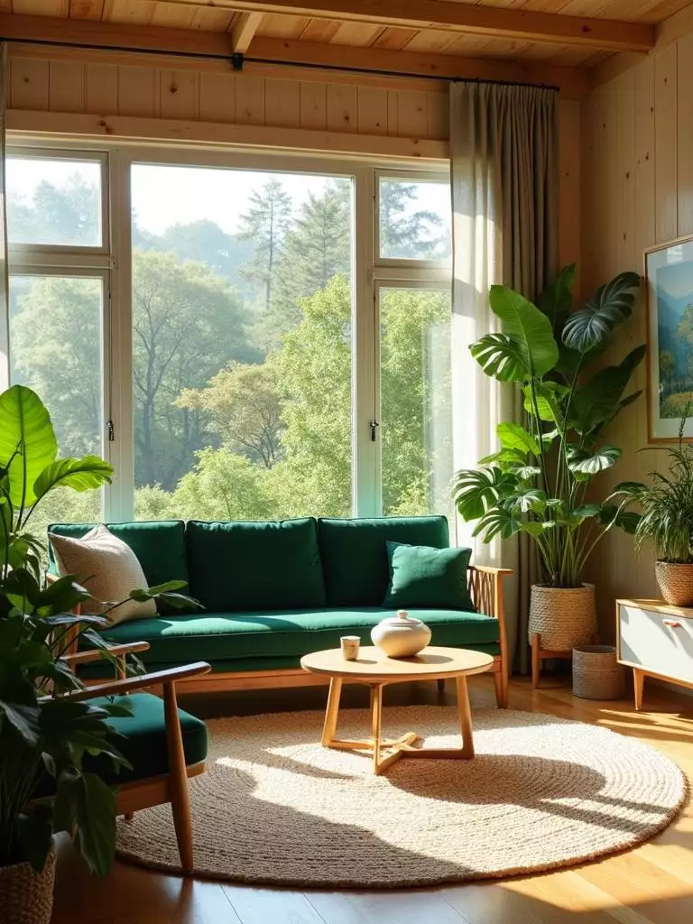 Biophilic living room filled with natural light, indoor plants, wooden furniture, and a view of nature, creating a calming and nature-inspired space.