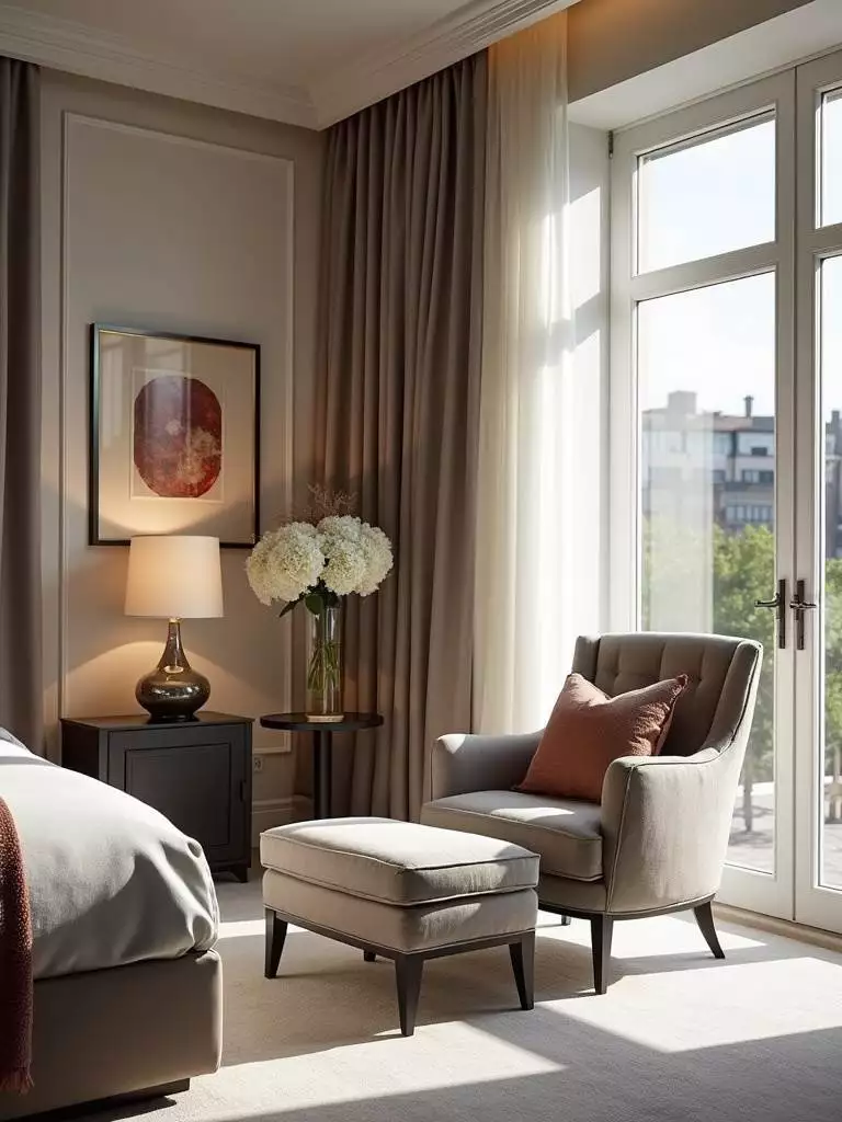 A chic seating area in a luxury bedroom featuring a stylish armchair, ottoman, side table, lamp, and decorative cushions, placed by a window with natural light.