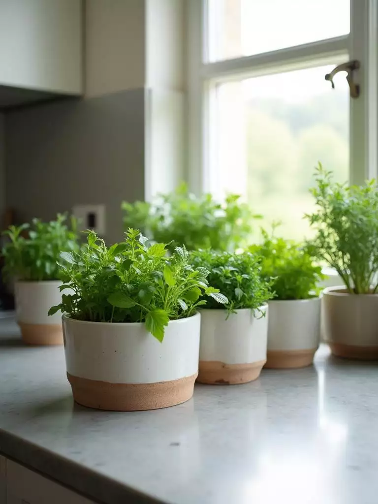Modern kitchen countertop featuring a fresh indoor herb garden in stylish ceramic pots.
