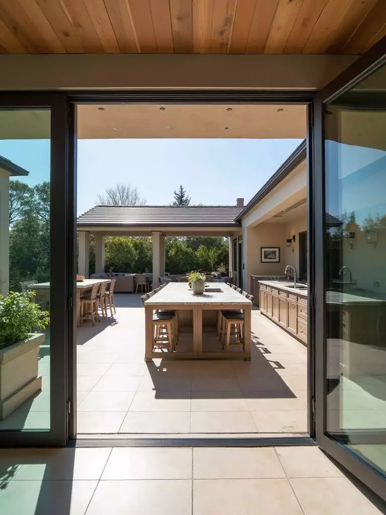 A luxurious indoor-outdoor kitchen features large bi-fold glass doors that seamlessly connect an indoor kitchen to a covered outdoor cooking and dining area, creating a perfect space for alfresco living.