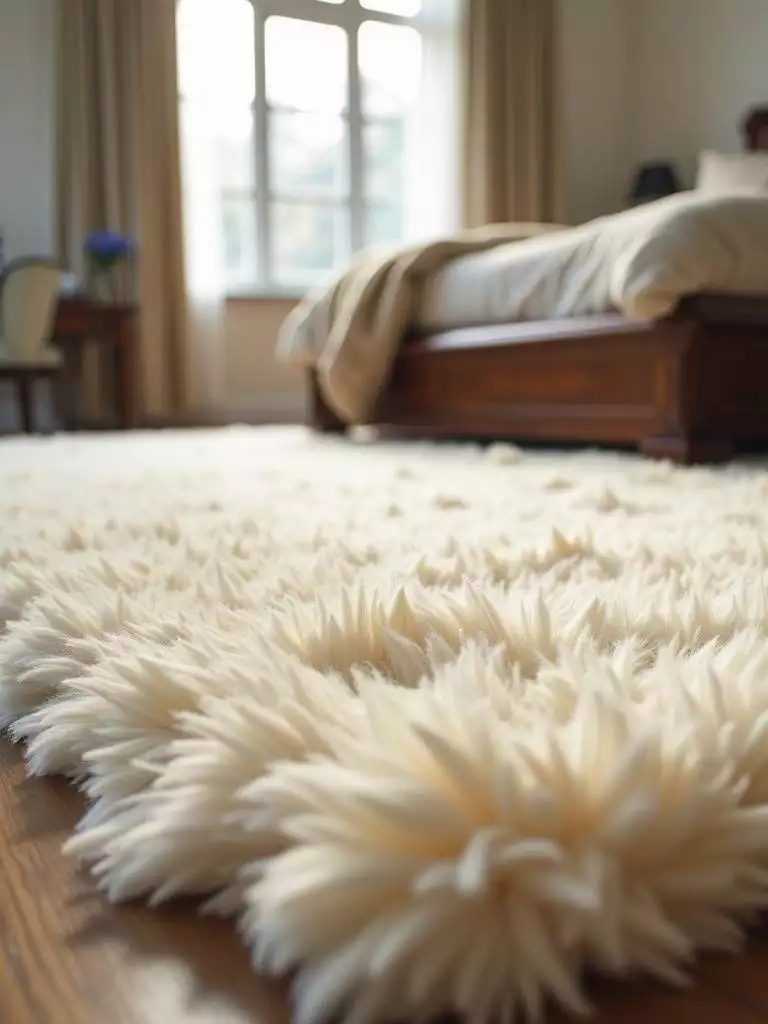 A close-up view of a soft, cream-colored wool rug in a luxury bedroom, with a glimpse of a king-size bed and natural light.