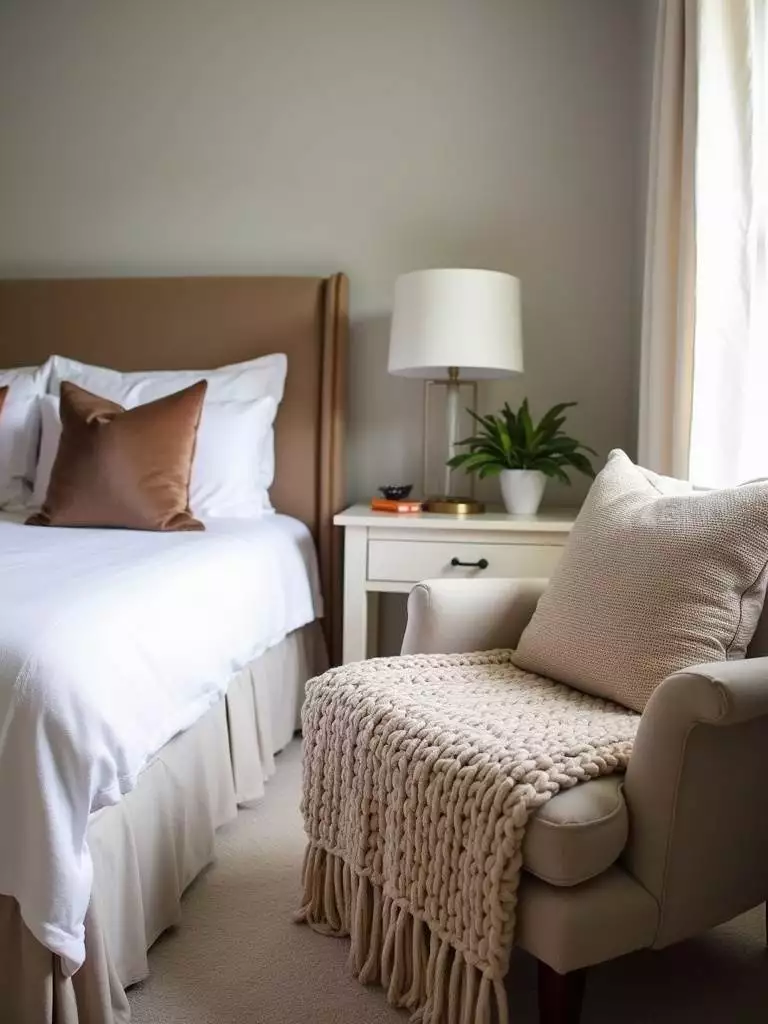 Cozy bedroom featuring soft textures like velvet throw pillows and a chunky knit blanket.