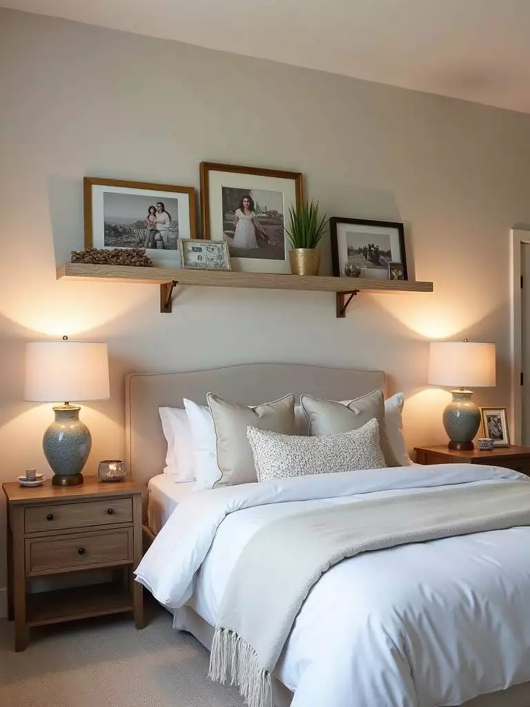 Cozy bedroom infused with personality through sentimental decor items like photos and souvenirs.