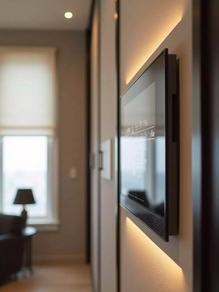A luxury smart bedroom featuring a sleek wall-mounted smart home control panel, automated lighting, and motorized shades, showcasing convenient technology integration.