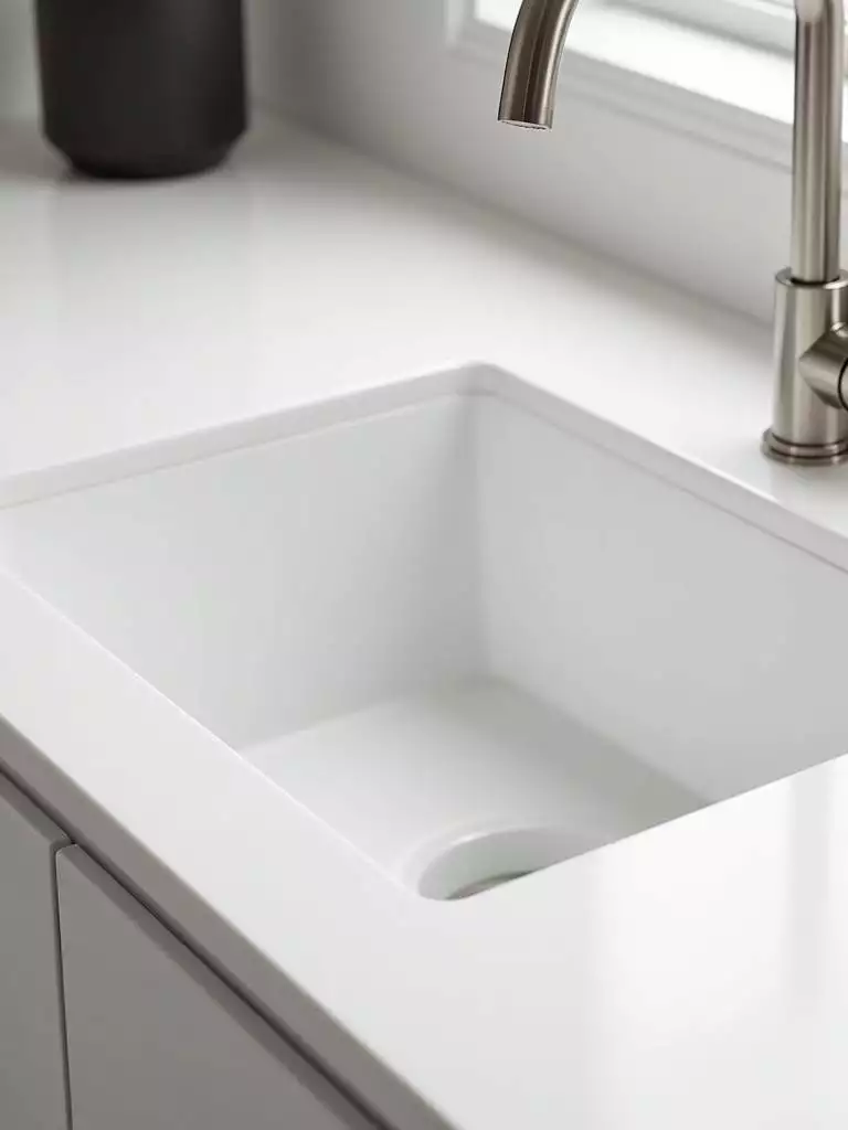 Integrated white quartz sink seamlessly blended into a white quartz countertop in a modern kitchen.