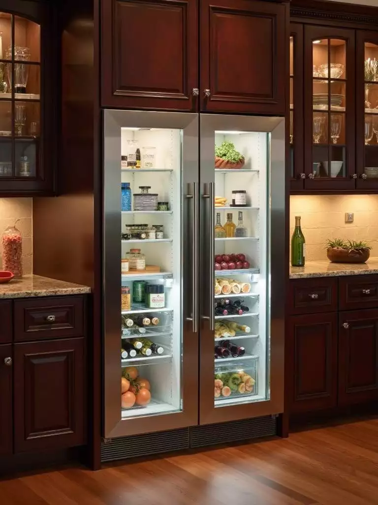 Integrated panel-ready refrigerator and wine refrigerator are seamlessly incorporated into dark wood cabinetry in a luxury kitchen, with soft interior lighting highlighting their contents.