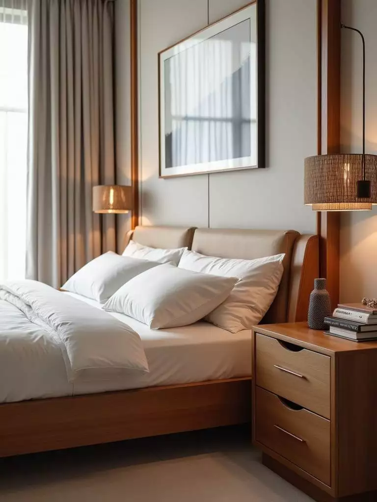 A luxury bedroom featuring elegant designer furniture, including a finely crafted wooden bed frame and stylish nightstands, bathed in soft natural light.