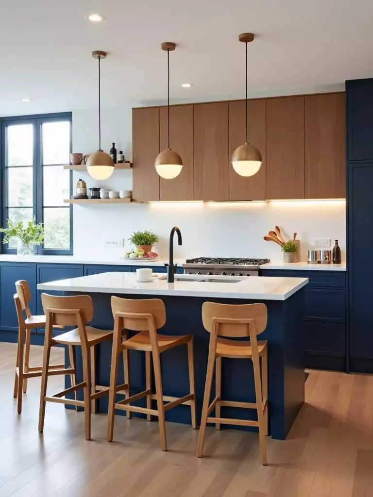 Modern kitchen island with bar stool seating for casual dining and gathering.
