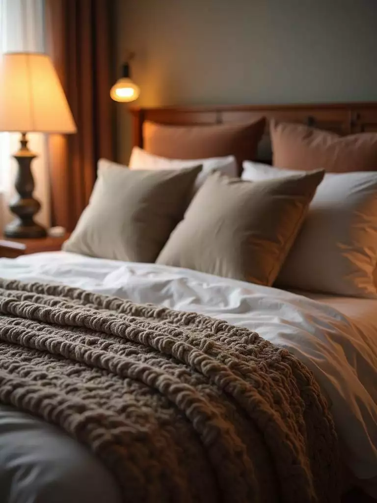 Luxuriously layered bedding with various textures in a cozy bedroom.