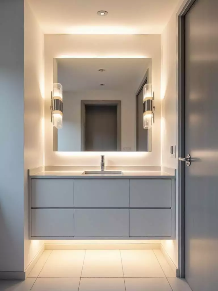 Small modern bathroom showcasing layered lighting with recessed ceiling lights, vanity sconces, and under-cabinet LED strip lighting, creating a bright, functional, and inviting atmosphere.
