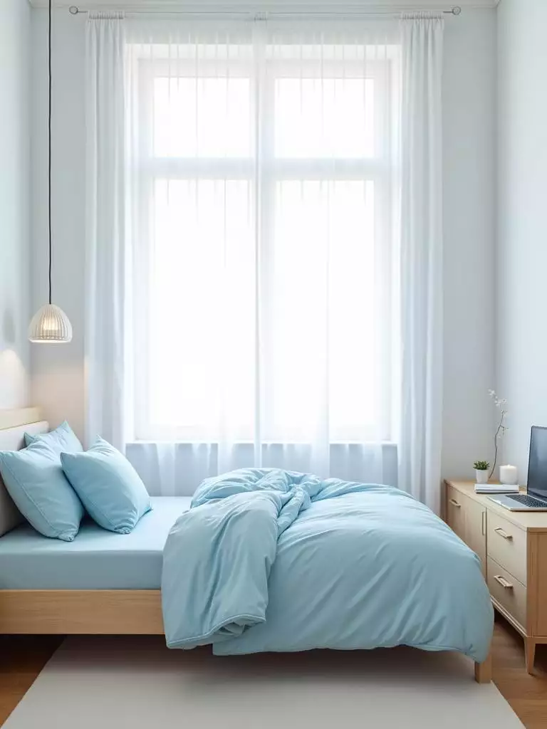 Small bedroom with a light blue and white pastel color scheme, creating a bright and spacious atmosphere.
