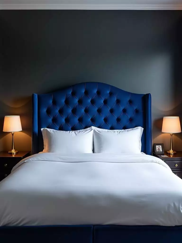 Bed with a luxurious, deep royal blue velvet tufted headboard, crisp white bedding, and warm gold bedside lamps.