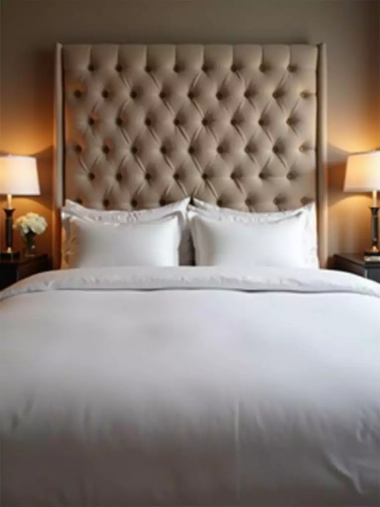 A luxurious bedroom featuring a king-size bed with a tall, beige tufted velvet headboard, complemented by soft lighting and white linens.