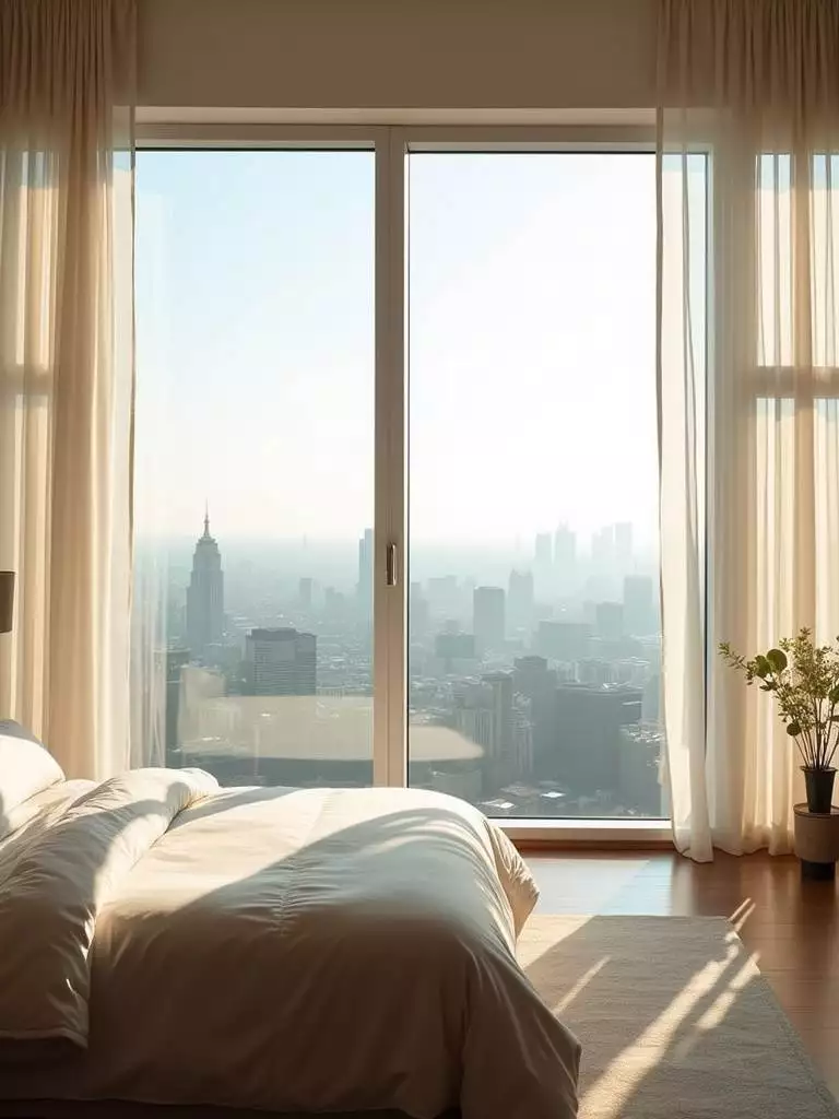 A luxury bedroom featuring floor-to-ceiling windows that offer a stunning outdoor view and fill the room with natural sunlight, diffused by sheer curtains.