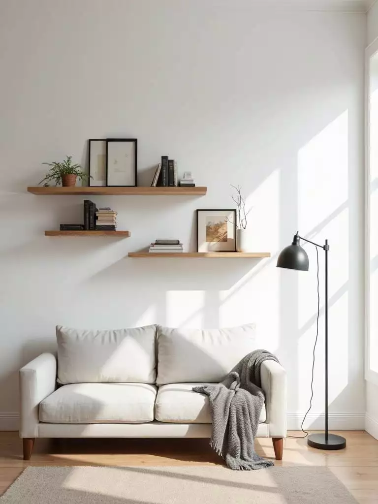 Modern minimalist living room utilizing vertical space with wall shelves above a sofa, maximizing storage and creating a sense of spaciousness.