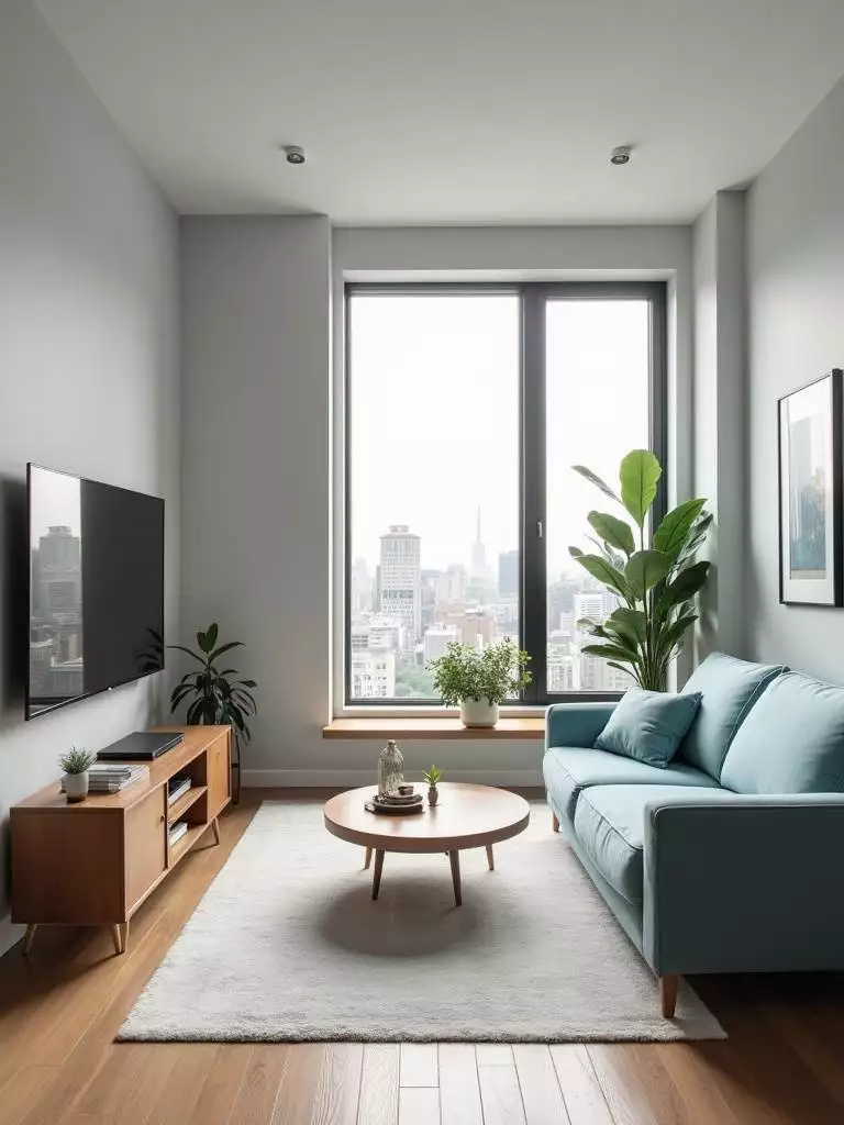 Small minimalist living room featuring a low-profile loveseat, wall-mounted TV console, and a large mirror to maximize space.