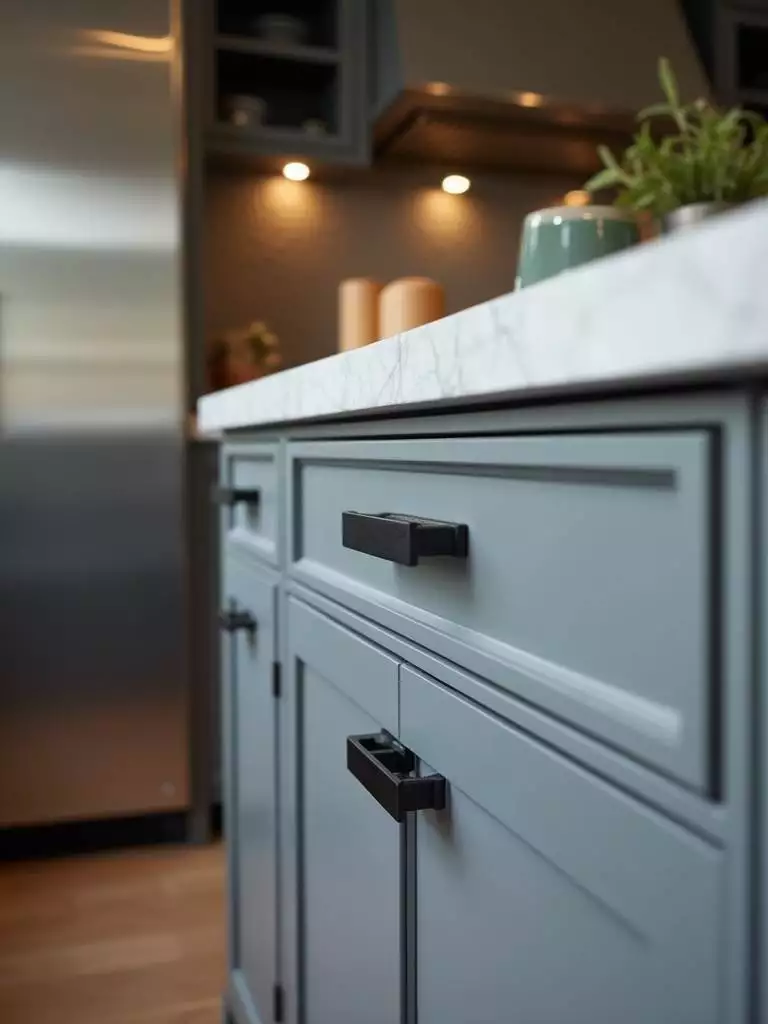 Close-up of matte black metal cabinet hardware in a modern industrial-style kitchen.