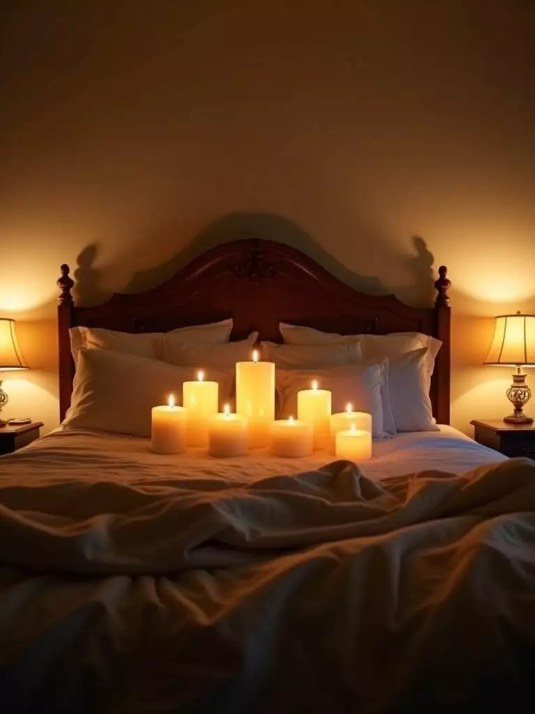 Cozy bedroom with candle arrangements mimicking fireplace warmth, creating a warm and inviting atmosphere.