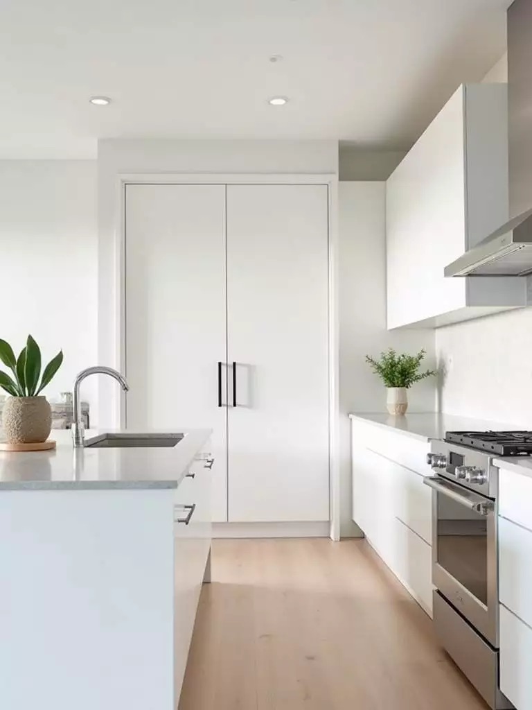 Minimalist modern kitchen with a sophisticated neutral color palette of white and light gray.