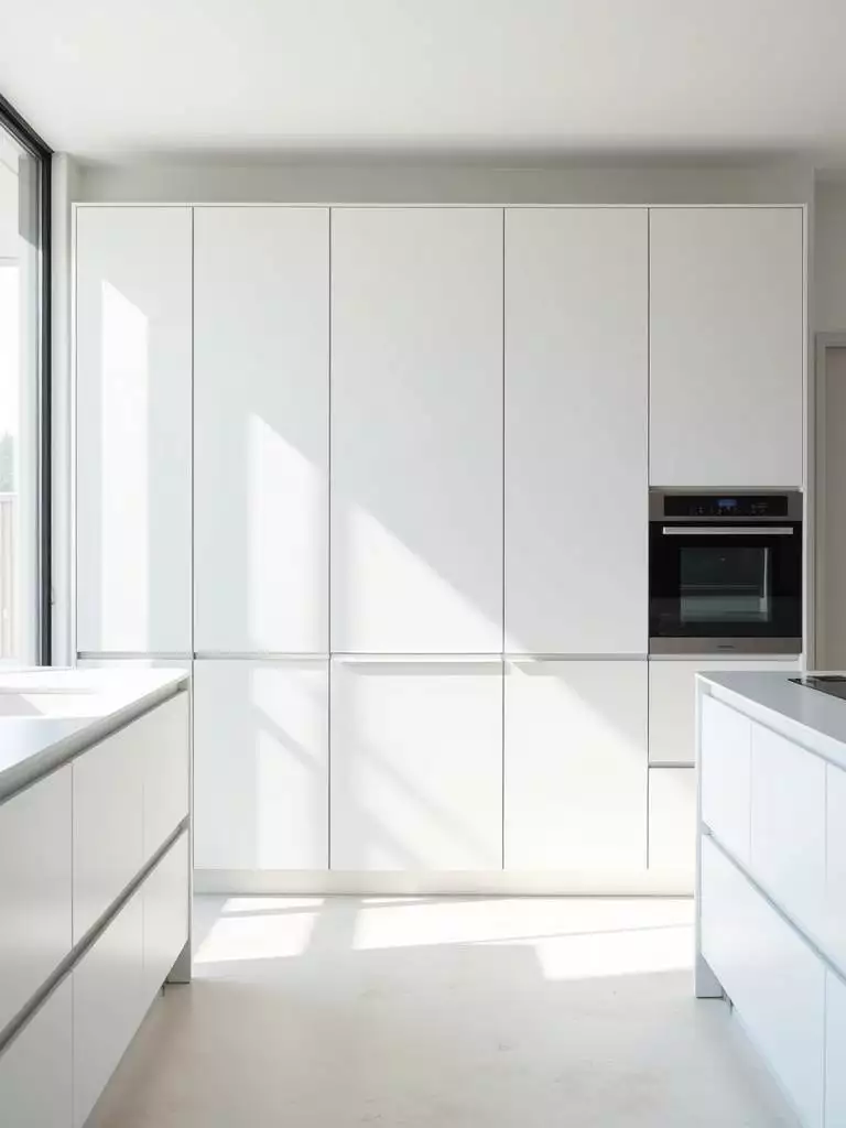 A minimalist luxury kitchen with handleless white cabinetry, a clean white countertop, and integrated appliances is bathed in bright natural light, showcasing its uncluttered and streamlined design.
