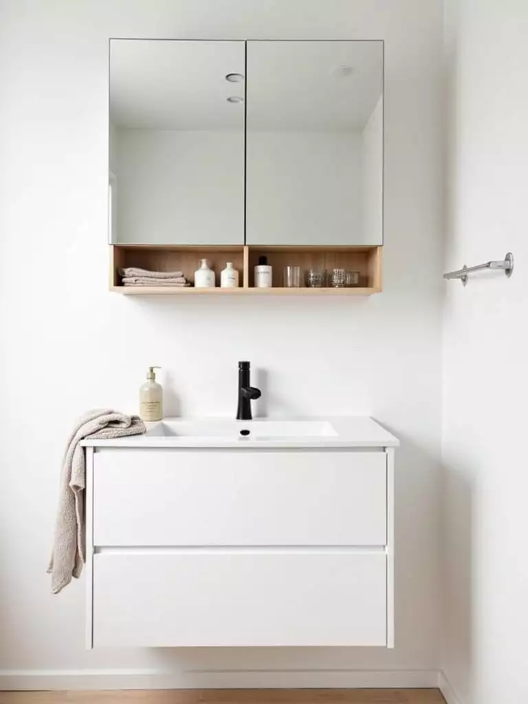 Small Scandinavian bathroom featuring a large frameless mirrored cabinet above a white vanity, providing both reflective surface and hidden storage in the bright, minimalist space.