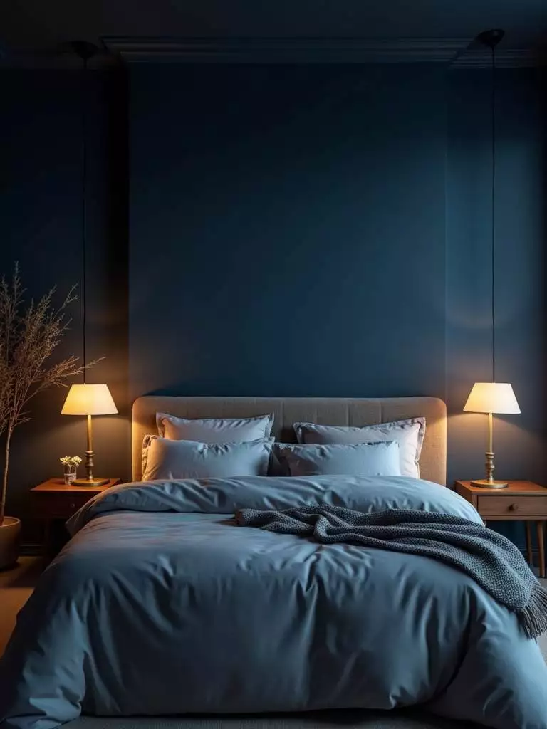 Bedroom with moody dark blue walls, warm bedside lamp lighting, light-colored bedding, and rich textures creating an intimate and luxurious atmosphere.