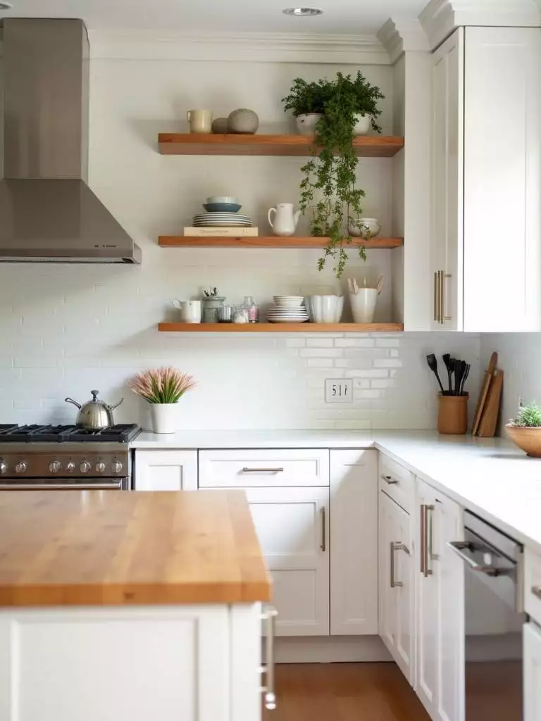 Modern white kitchen with warm natural wood accents on open shelving and island countertop.