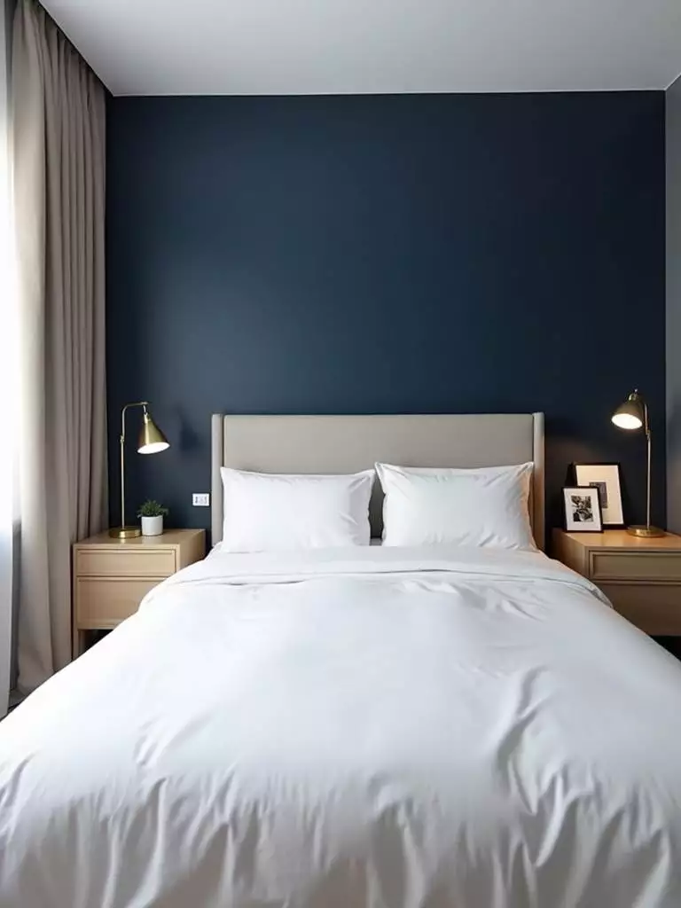 Modern bedroom with a navy blue accent wall behind a white bed, bathed in soft natural light.