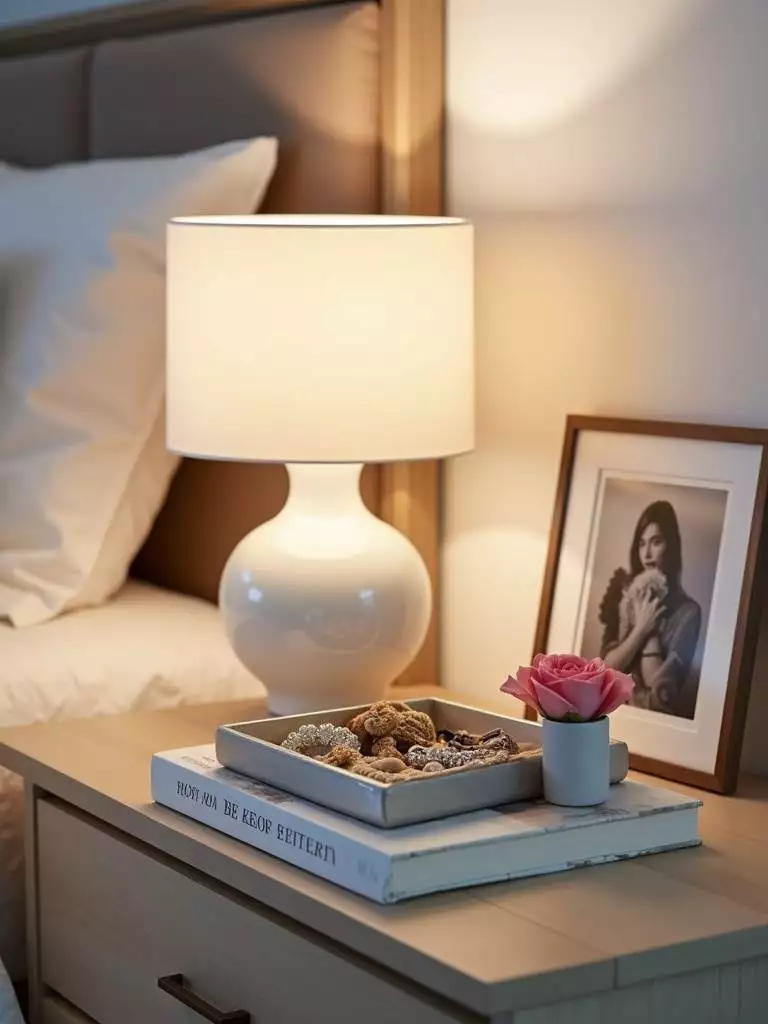 Romantic bedside table with lamp, tray, book, rose, and framed photo.