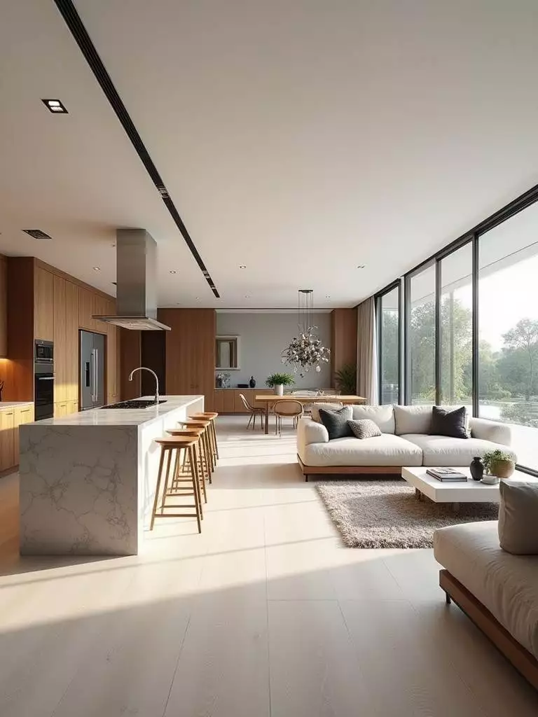 A wide shot of a luxurious open-concept kitchen seamlessly flows into a living room, bathed in soft natural light, showcasing a harmonious and connected living space.