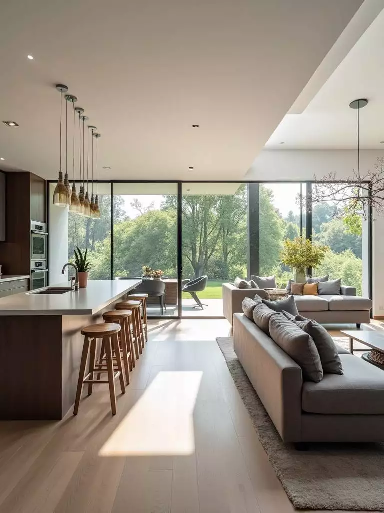 Open concept modern kitchen seamlessly flowing into a living room, designed as a social hub.