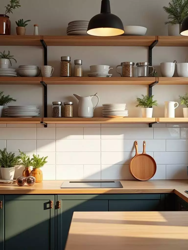 Modern kitchen with light wood open shelving styled with dishes, spices, and plants.