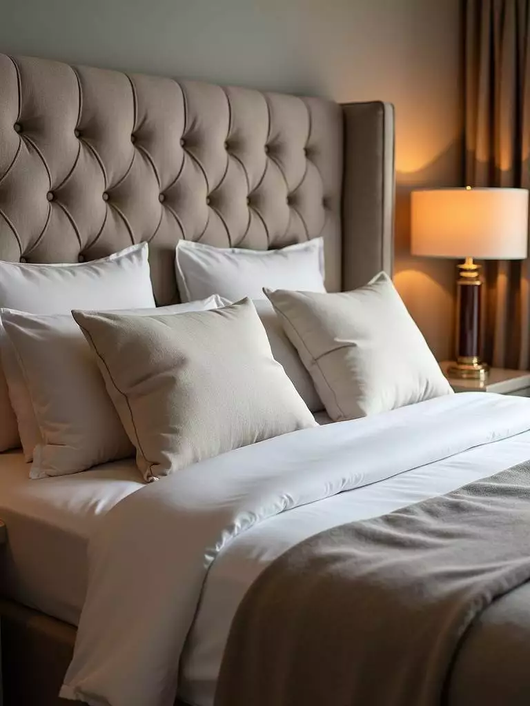 Cozy bedroom featuring a comforting upholstered headboard, enhancing the bed’s softness and elegance.