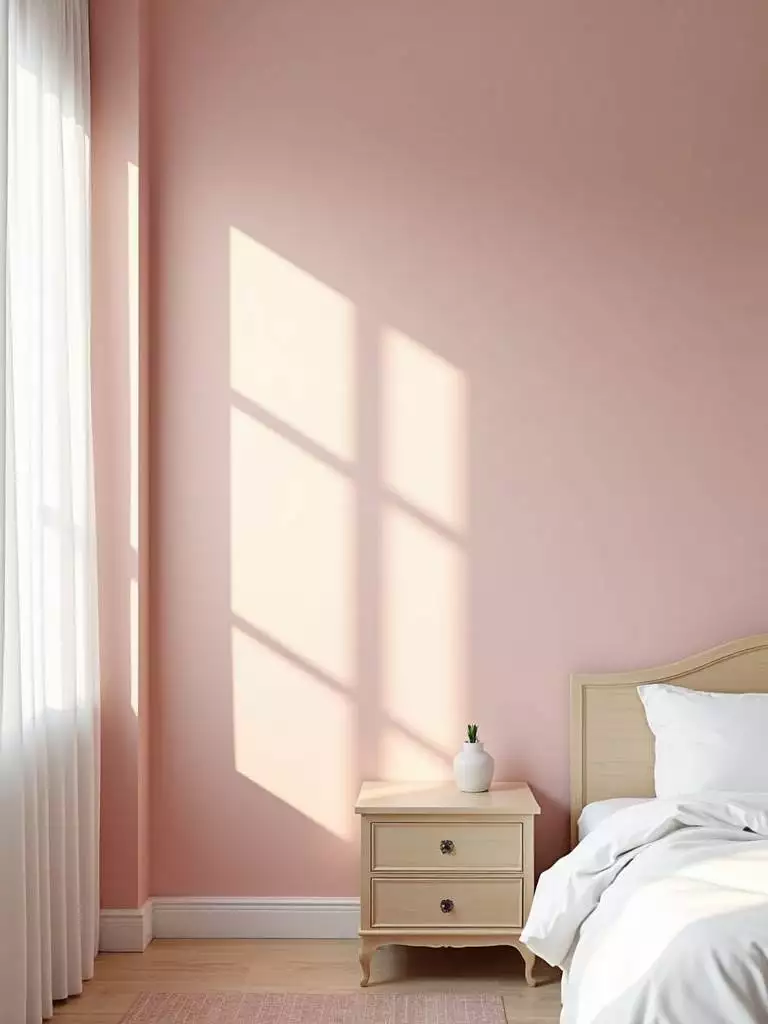 Bedroom with soft blush pink walls creating a romantic atmosphere.