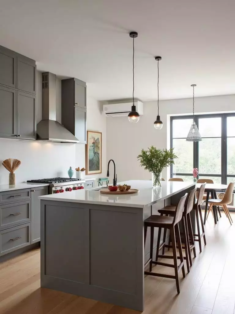 Modern light gray peninsula kitchen providing smart space solution in an open-concept home.