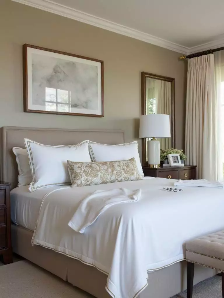 A luxury bedroom showcasing personalized elements including monogrammed bedding and custom artwork, creating an intimate and personalized space.