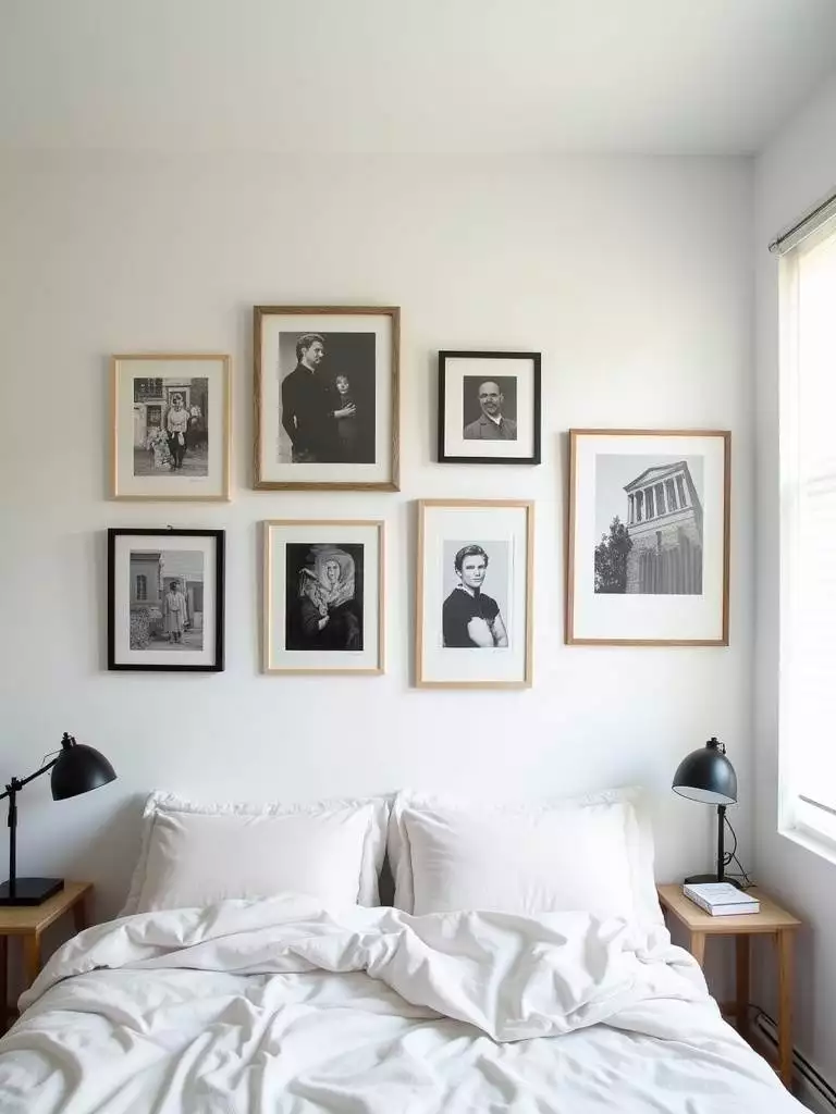 Small bedroom with a personalized gallery wall above the bed, displaying framed photos and artwork.