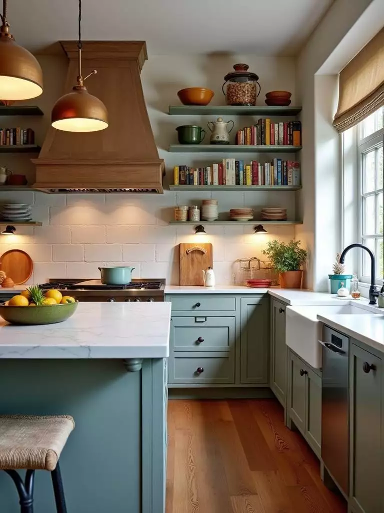 A luxury kitchen showcases personalized design elements including unique vintage pendant lights, a curated cookbook display, and a custom-painted kitchen island, creating a warm and inviting space that reflects individual style.