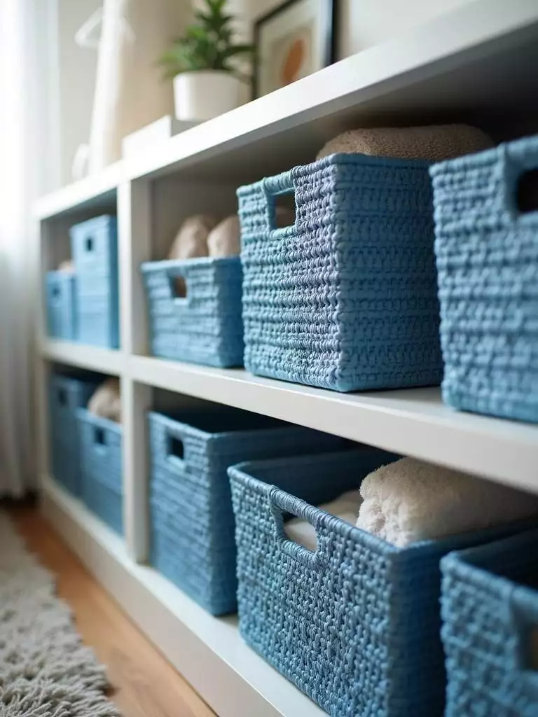 Bedroom shelf or under-bed storage area with blue woven storage baskets of different sizes and textures, some containing neatly folded blankets and linens, showcasing practical organization.