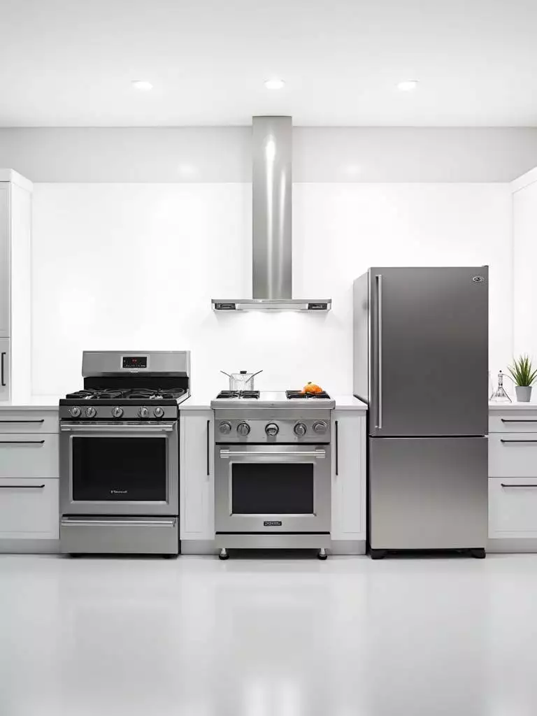 A suite of professional-grade stainless steel kitchen appliances, including a range, oven, and refrigerator, is showcased in a bright studio setting, emphasizing their sleek and durable design.