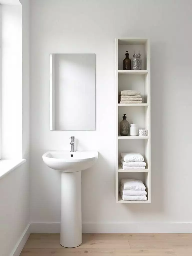 Bright and airy small modern bathroom featuring a slim white vertical shelving unit to the right of a pedestal sink. The shelves are neatly organized with towels and decorative containers, enhancing vertical space and contributing to the open feel.