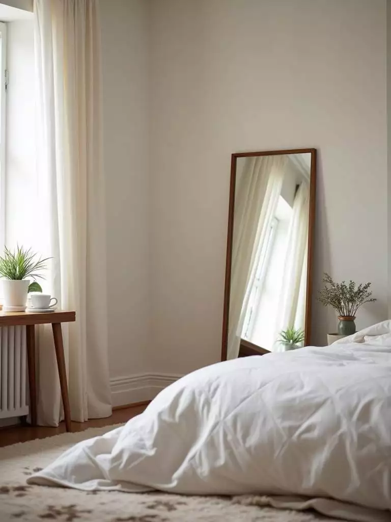 Bedroom featuring a large mirror that reflects light and adds depth, enhancing the cozy atmosphere.