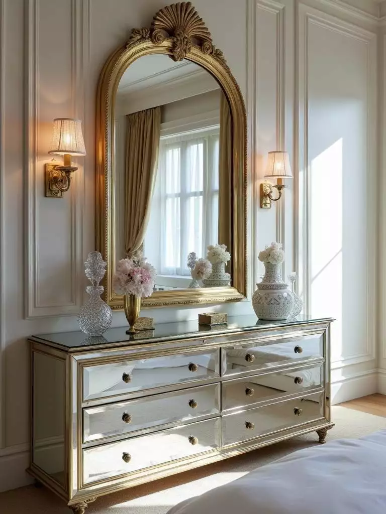 A luxury bedroom featuring strategically placed mirrors and mirrored furniture, maximizing light and creating an elegant atmosphere.