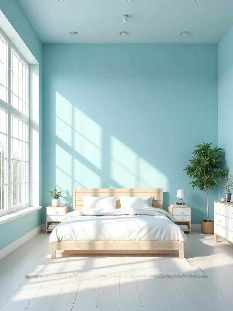 Bright and airy bedroom with walls painted in a refreshing light blue, large windows, minimalist furniture, and an overall open and spacious feel.