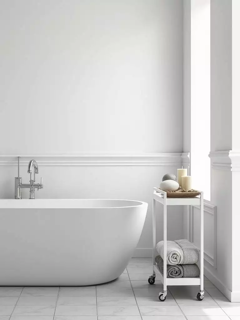 Small modern bathroom featuring a slim white metal rolling cart next to the bathtub, providing mobile and flexible storage for bath essentials in the minimalist light grey and white space.