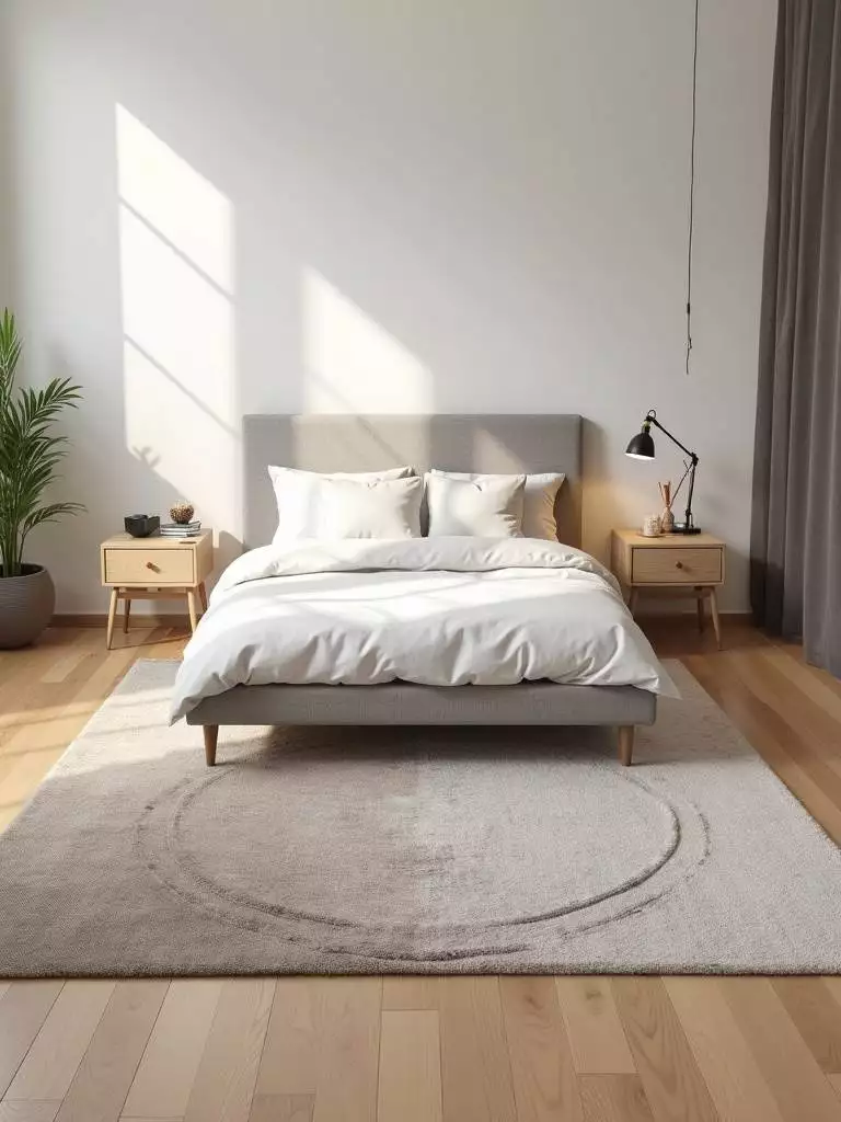 Small bedroom with a large neutral area rug defining the bed area, adding warmth and visual interest.